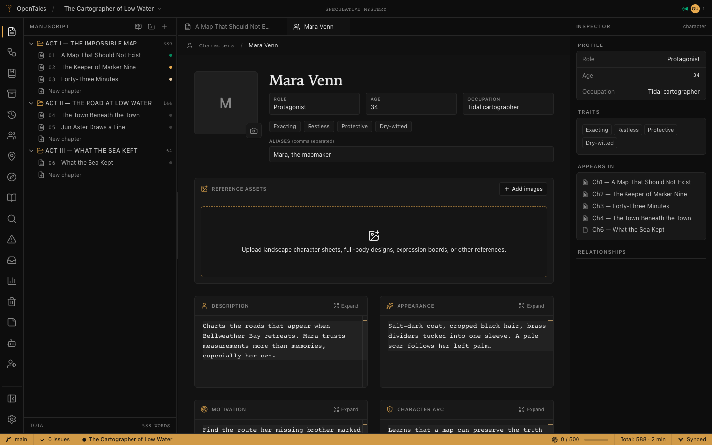 OpenTales character editor for Mara Venn with profile fields, traits, aliases, reference assets, prose sections, and chapter appearances