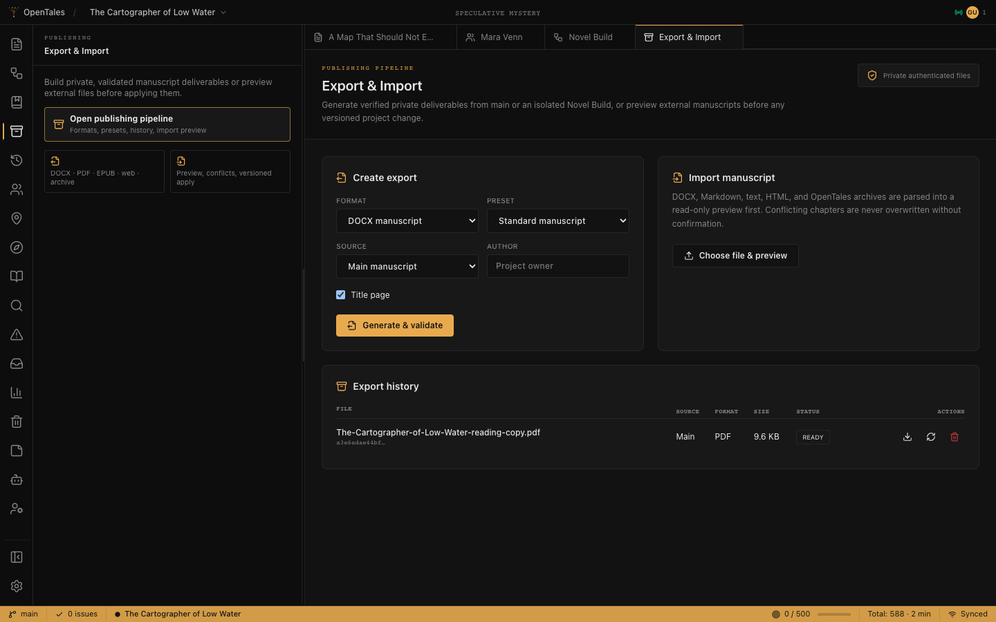 The OpenTales publishing pipeline with export format and preset controls, import preview, and a ready PDF in export history