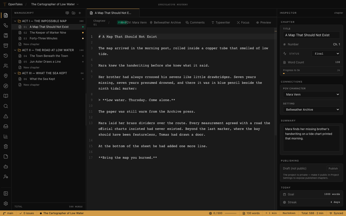 The OpenTales writing workspace with activity bar, manuscript tree, chapter editor, inspector, and status bar
